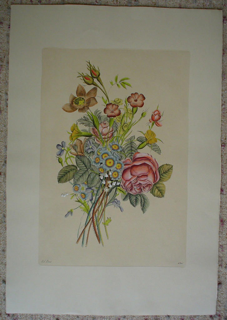 Flowers Rose Buds by Jean-Louis Prevost, shown with full margins - restrike etching, handcoloured original print
