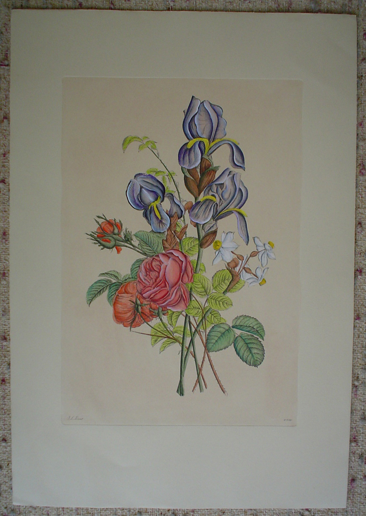 Mixed Flowers Iris by Jean-Louis Prevost, shown with full margins - restrike etching, hand-coloured original print