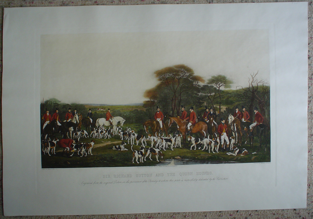 Sir Richard Sutton And The Quorn Hounds by Francis Grant, shown with full margins - restrike etching, hand-coloured original print