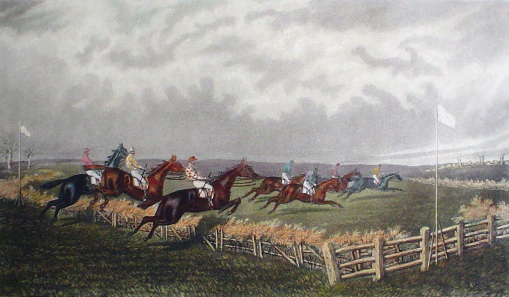 Steeplechase, The First Fence by GC Hunt and Son - restrike etching, hand-coloured