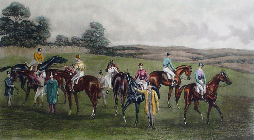 Steeplechase, The Paddock by GC Hunt and Son - restrike etching, hand-coloured original print