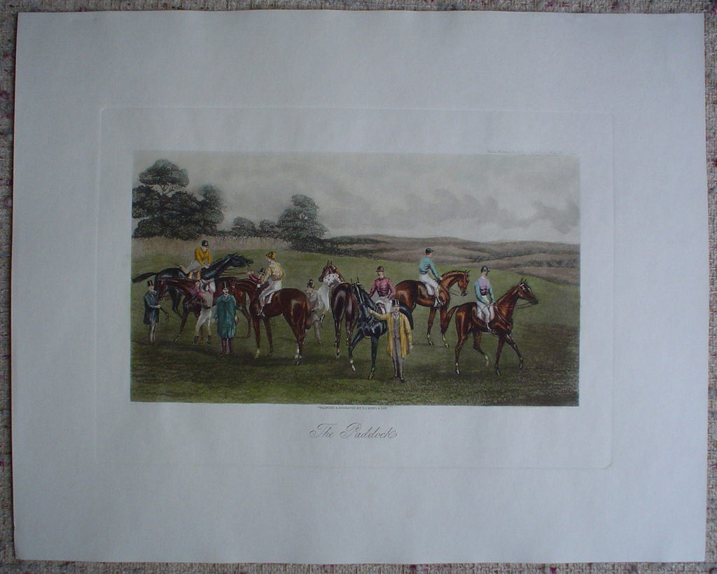 Steeplechase, The Paddock by GC Hunt and Son, shown with full margins - restrike etching, hand-coloured original print
