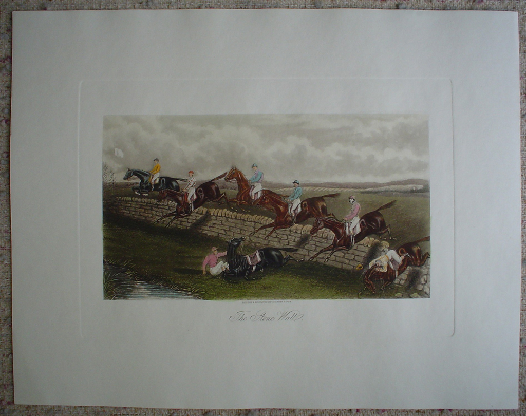 Steeplechase, The Stone Wall by GE Hunt and Son, shown with full margins - restrike etching, hand-coloured original print