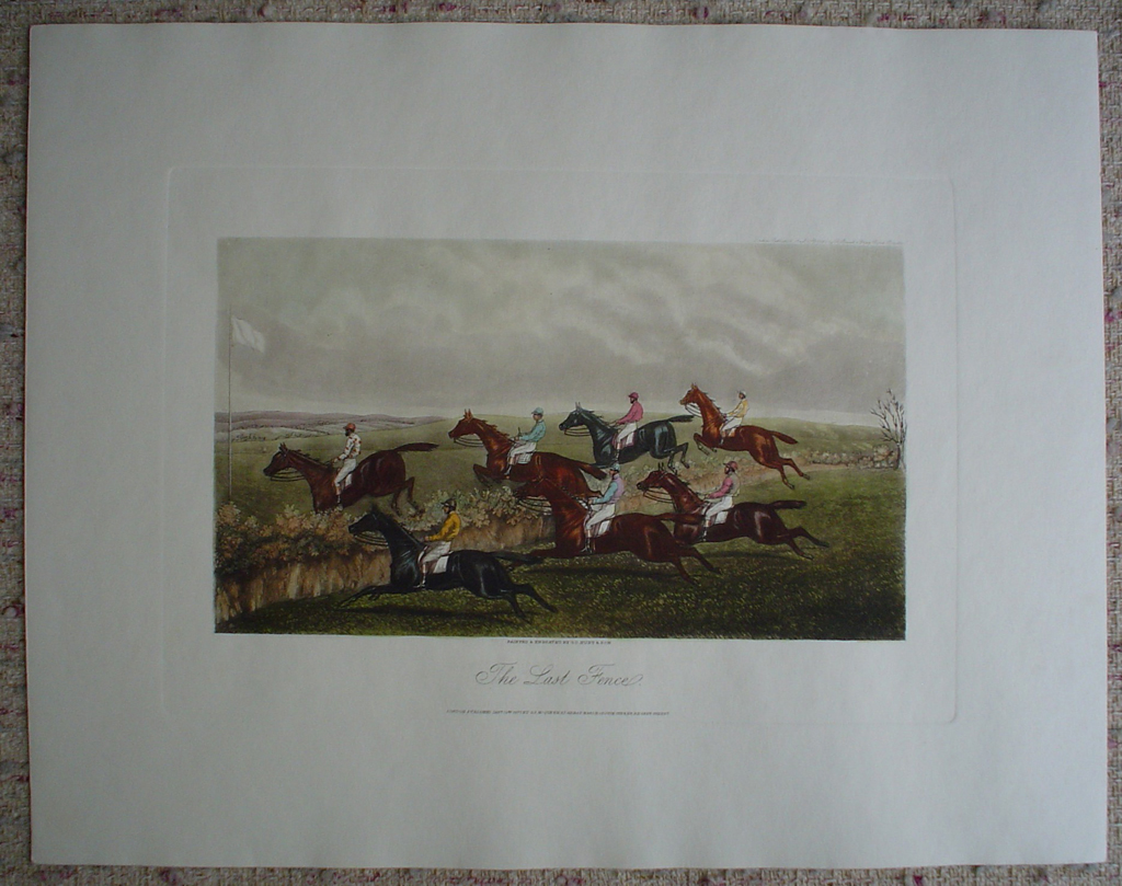 McQueens Steeplechase, The Last Fence by GC Hunt and Son, shown with full margins - restrike etching, hand-coloured