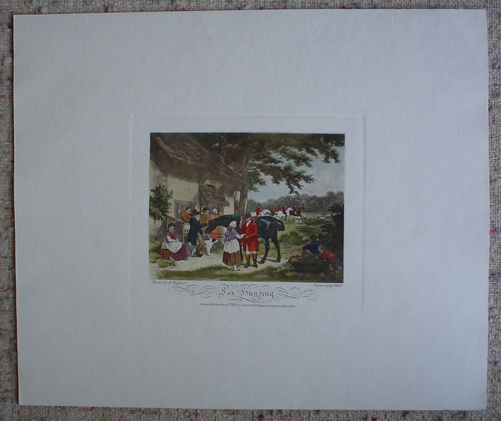 Fox Hunting, Going Out by George Morland, shown with full margins - restrike etching, hand-coloured original print