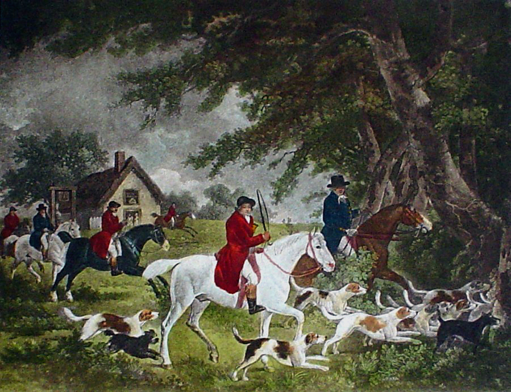 Fox Hunting, Going Into Cover by George Morland - restrike etching, hand-coloured original print