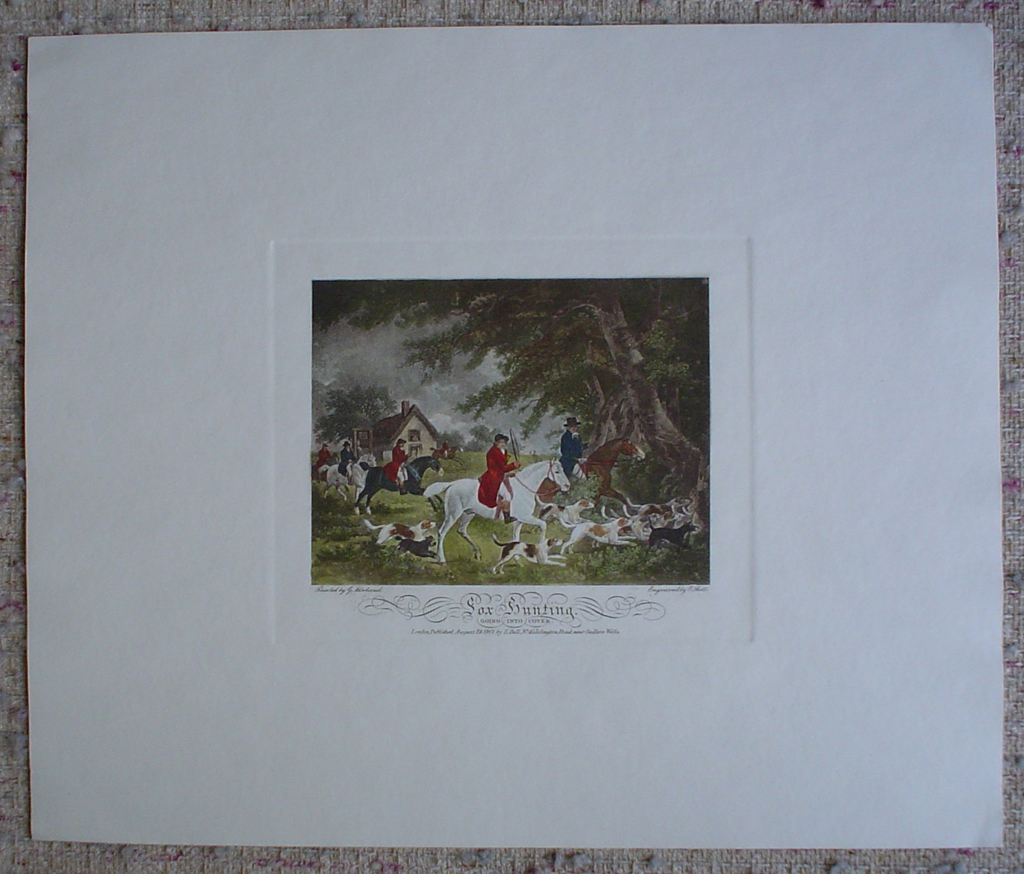 Fox Hunting, Going Into Cover by George Morland, shown with full margins - restrike etching, hand-coloured original print
