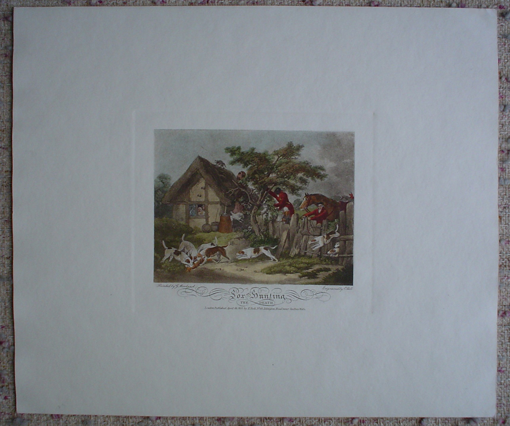 Fox Hunting, The Death by George Morland, shown with full margins - restrike etching, hand-coloured original print