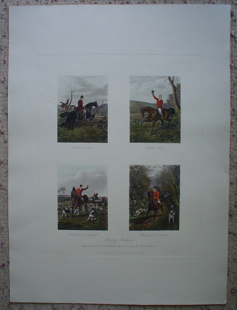 Hunting Incidents by Sheldon Williams, shown with full margins - restrike etching, hand-coloured original print