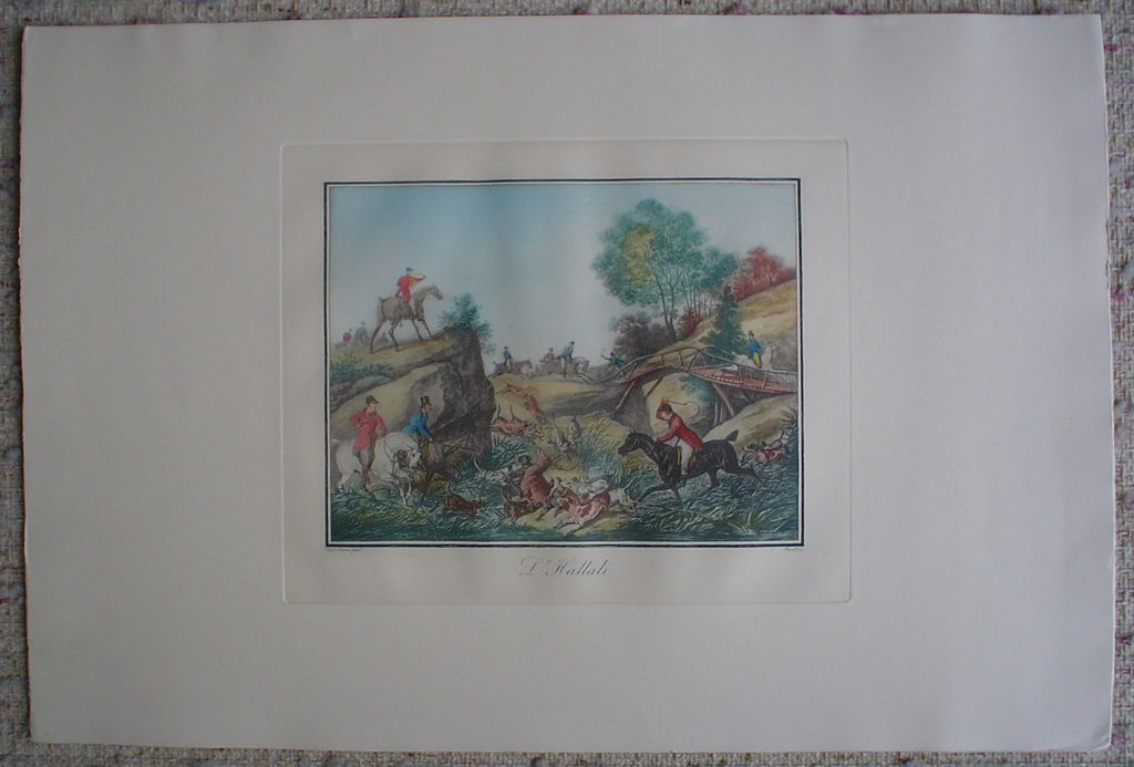 L'Hallali by Carle Vernet, shown with full margins - restrike etching, hand-coloured original print