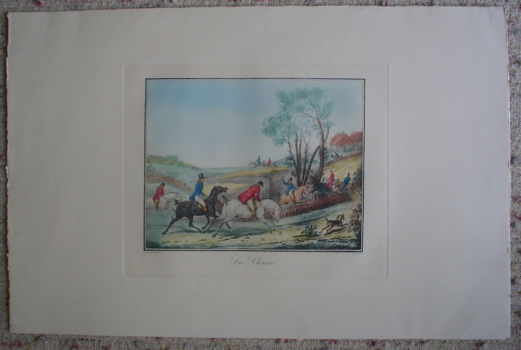 La Chasse by Carle Vernet, shown with full margins - restrike etching, hand-coloured original print