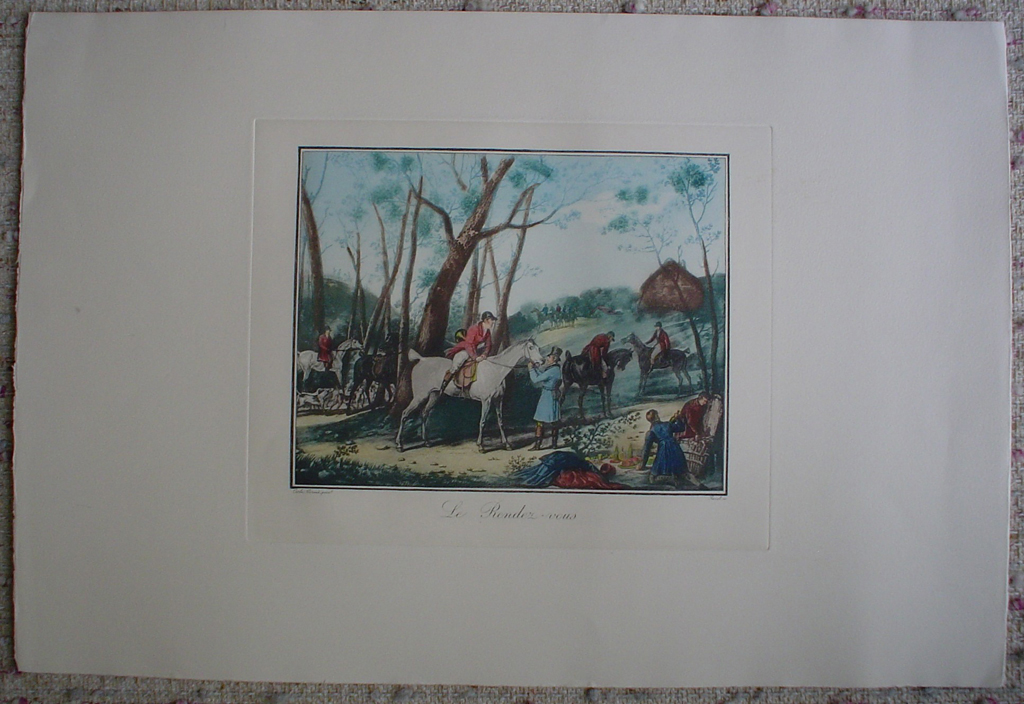 Le Rendez Vous by Carle Vernet, shown with full margins - restrike etching, hand-coloured original print