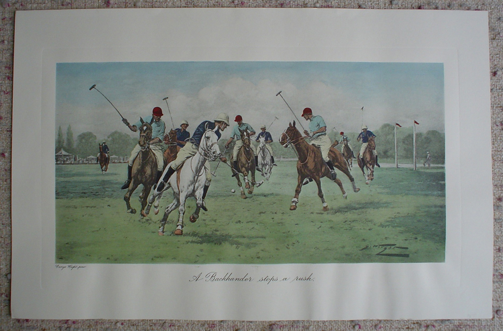 A Backhander Stops A Rush by George Wright, shown with full margins - restrike etching, hand-coloured original print