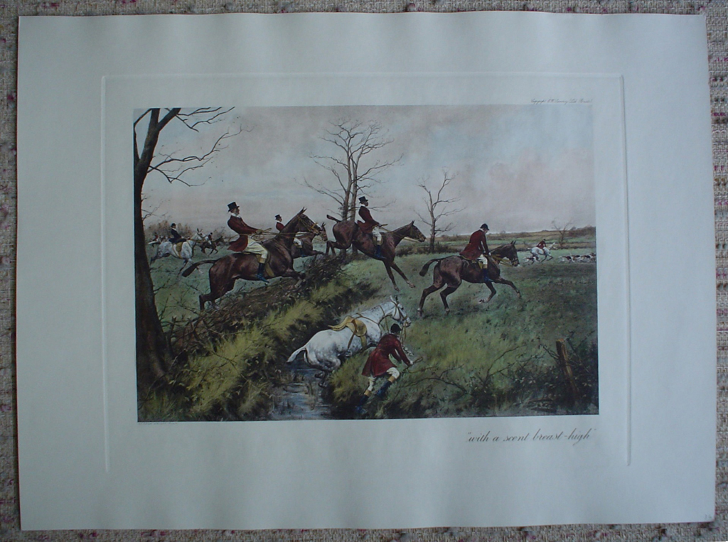With A Scent Breast-High by George Wright, shown with full margins - restrike etching, hand-coloured original print