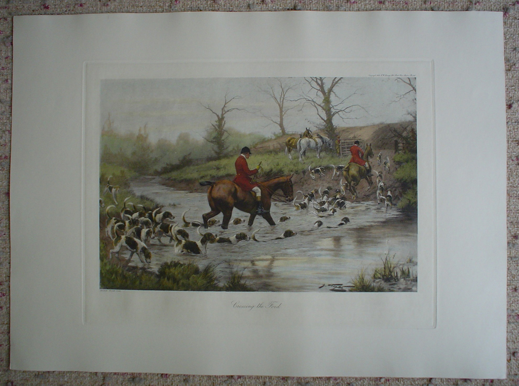 Crossing The Ford by George Wright, shown with full margins - restrike etching, hand-coloured original print