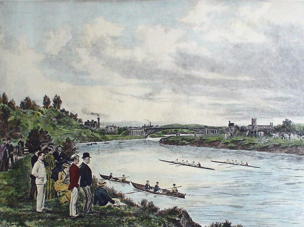 Rowing At Cheltenham by Henry Wimbush - restrike etching, hand-coloured original print