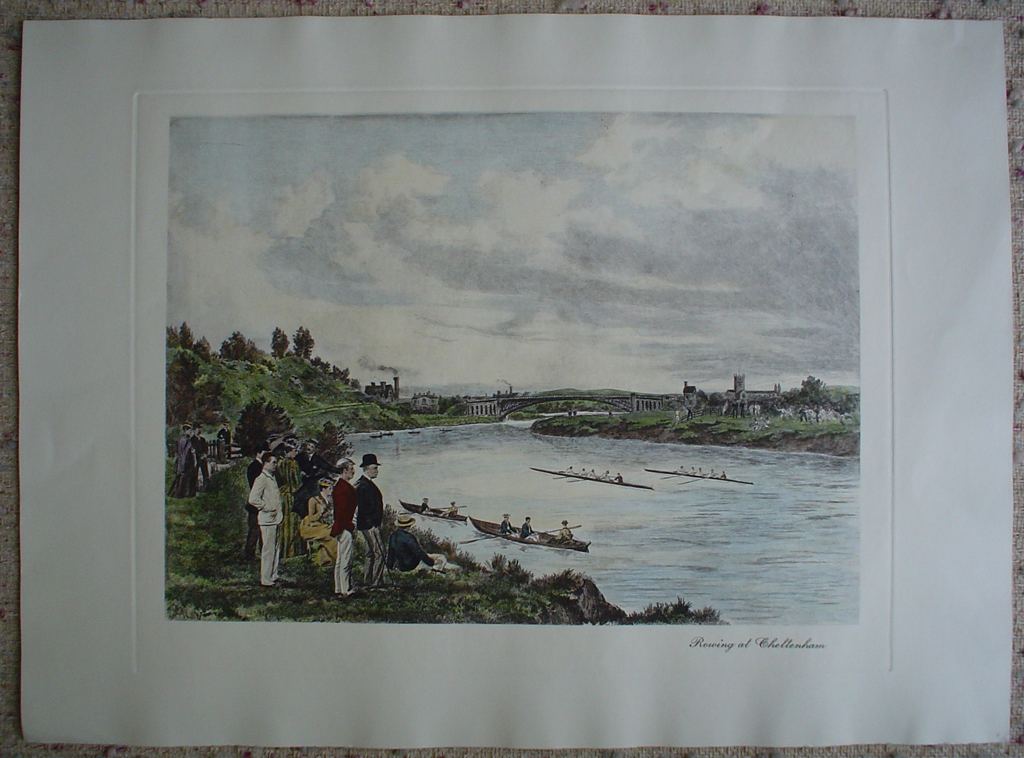 Rowing At Cheltenham by Henry Wimbush, shown with full margins - restrike etching, hand-coloured original print
