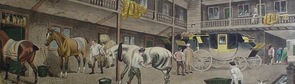 The Old Inn Yard by TNH Walsh - restrike etching, hand-coloured
