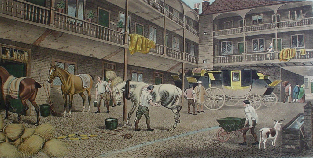 The Old Inn Yard by TNH Walsh - restrike etching, hand-coloured