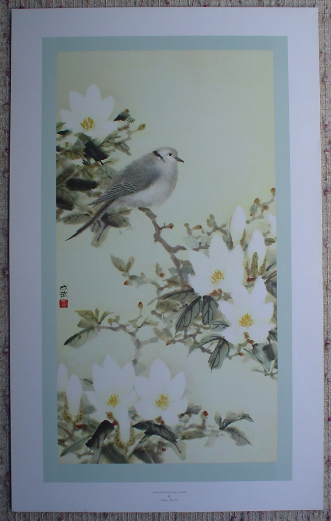 Dove With Magnolias by Cheng Wu Fei, shown with full margins - offset lithograph fine art print