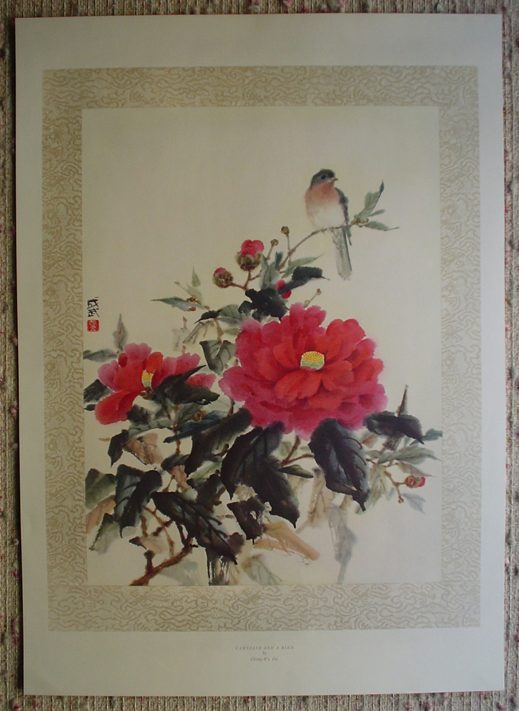 Camellia And A Bird by Cheng Wu Fei, shown with full margins - offset lithograph fine art print