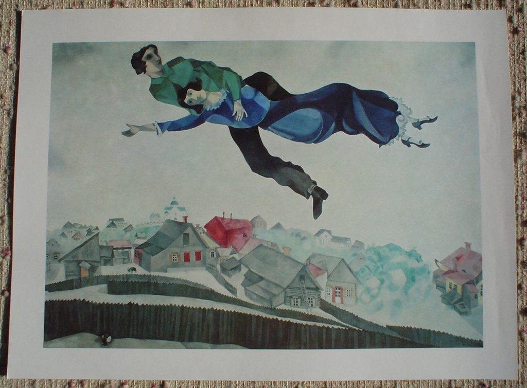 Lovers Above Town by Marc Chagall, shown with full margins - offset lithograph fine art print