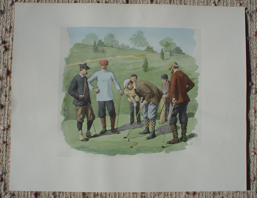 Spring Golfing Scene: Leg Wrappings by A.B. (Arthur Burdett) Frost, shown with full margins - offset lithograph fine art print