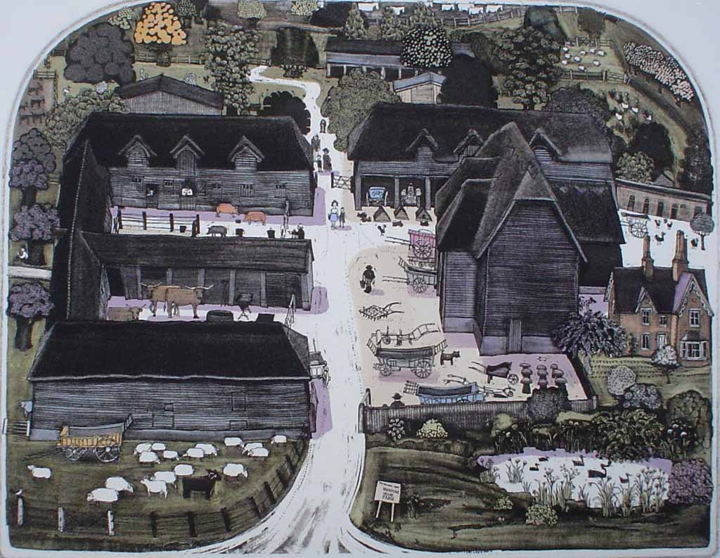 Wimpole Home Farm by Graham Clarke - original hand-coloured etching, signed and numbered 165/ 350