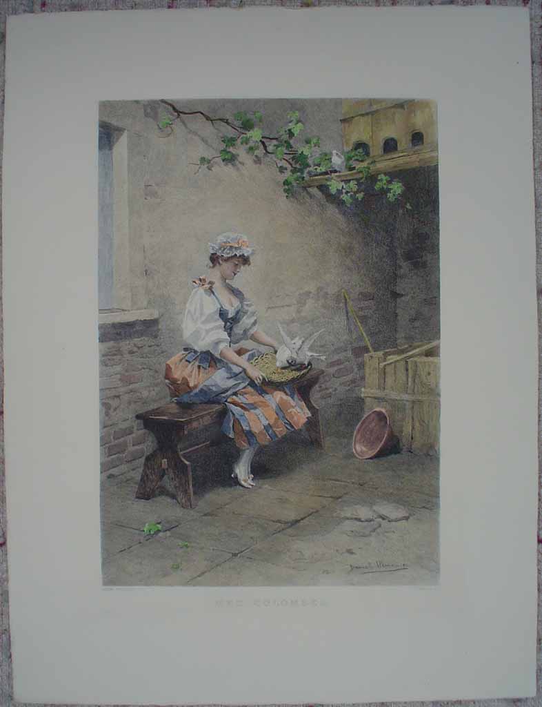 Mes Colombes by Daniel Hernandez, shown with full margins - etching, hand-coloured