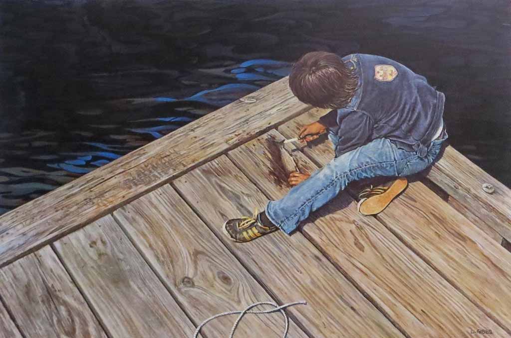 Boy On Pier Cleaning Fish by Leonard (Len) Gibbs - offset lithograph reproduction vintage fine art print