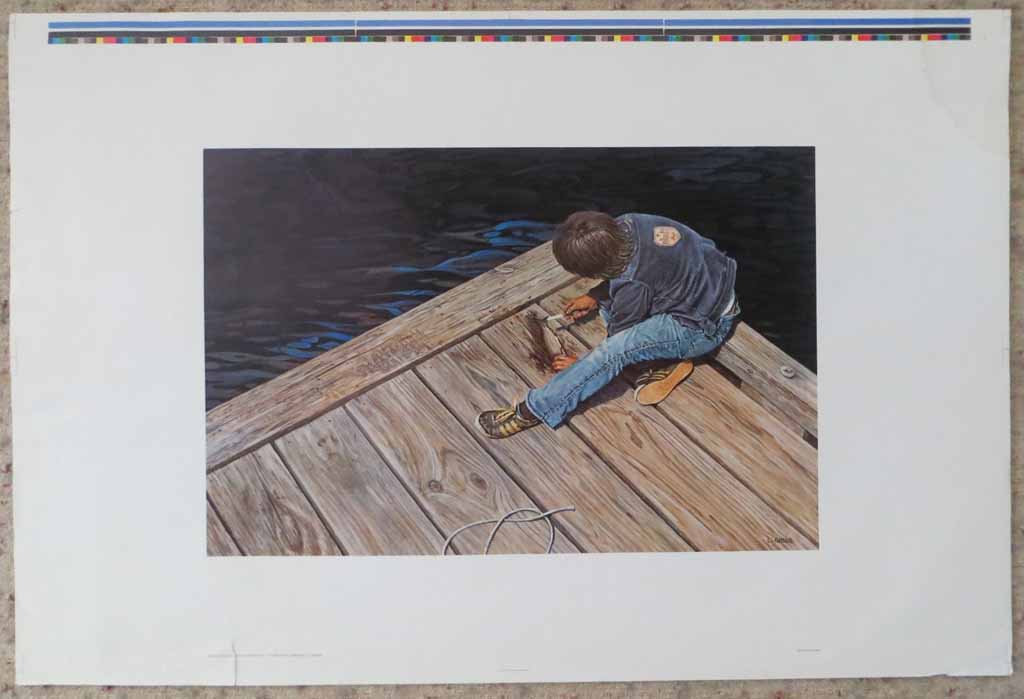 Boy On Pier Cleaning Fish by Leonard (Len) Gibbs, shown with full margins - offset lithograph reproduction vintage fine art print