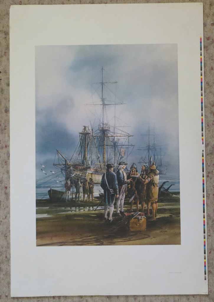 English Sea Captain Greeting West Coast Natives by Harry Heine, shown with full margins - offset lithograph reproduction vintage fine art print