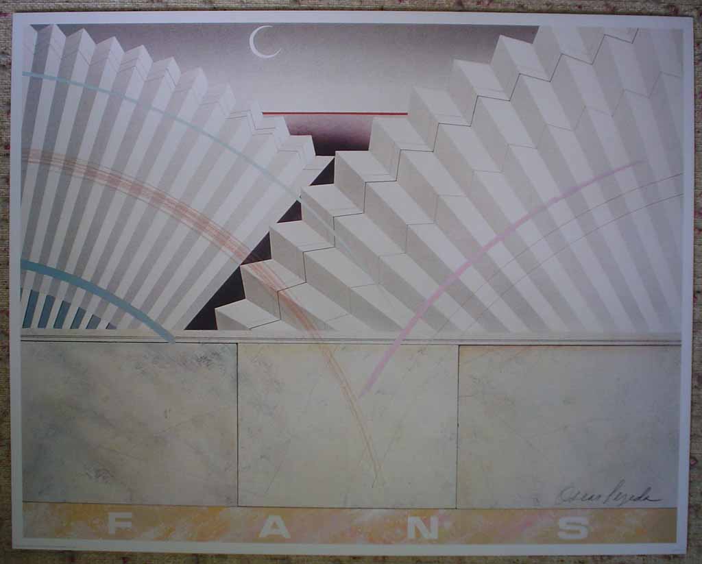 Fans 2, Earthtones (untitled) by Oscar Tejeda, shown with full margins - offset lithograph vintage fine art print