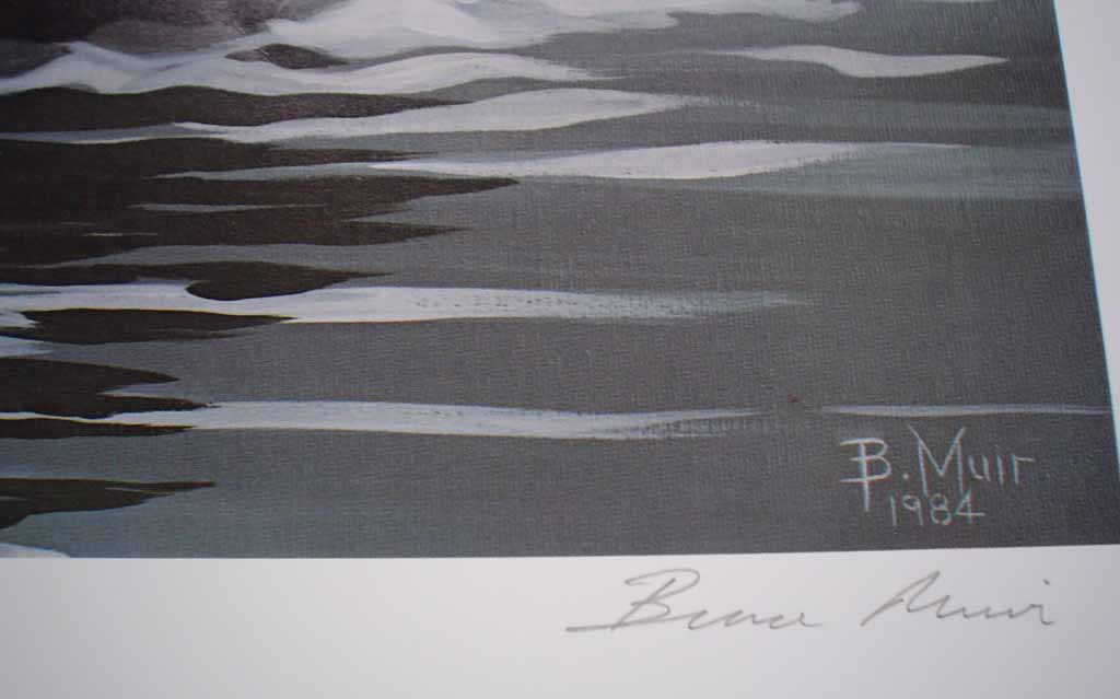 Indian Arm Orcas by Bruce Muir, numbered AP 22/37, titled and signed by artist, detail to show signature - offset lithograph limited edition vintage fine art print
