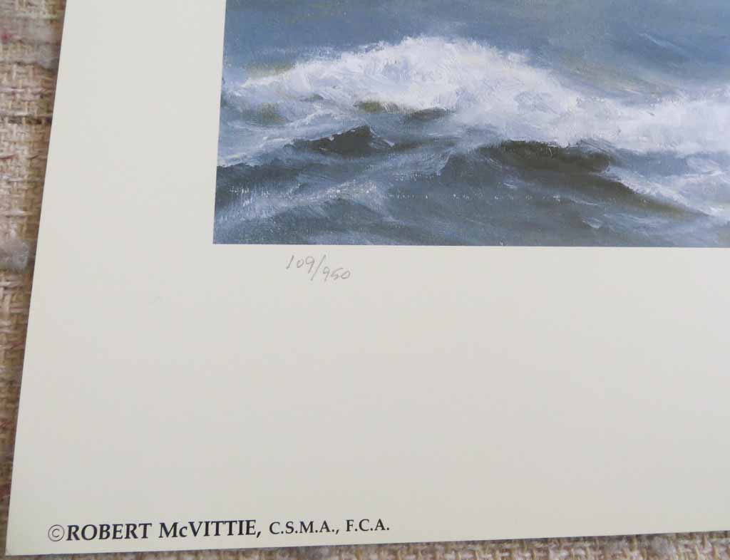 Seiners Running by Robert McVittie, numbered 109/950 and signed by artist, detail to show edition - offset lithograph limited edition vintage fine art print