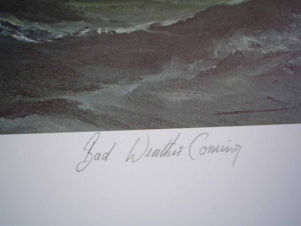 Bad Weather Coming by Robert McVittie, numbered 161/350, titled and signed by artist, detail to show title - offset lithograph limited edition vintage fine art print