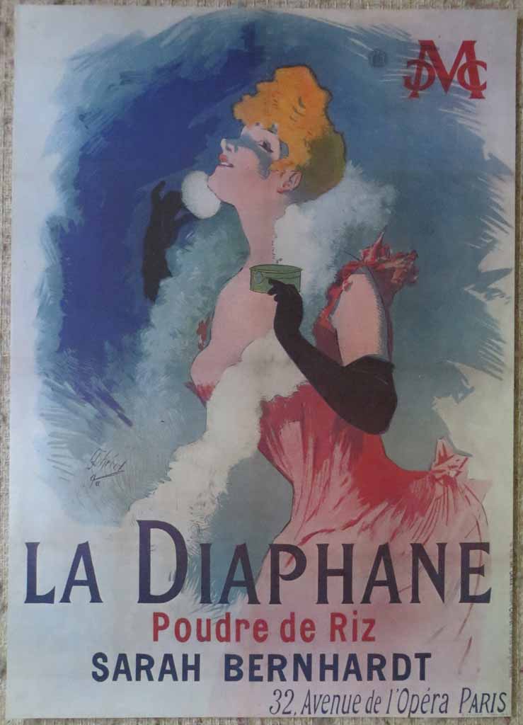 La Diaphane, Sarah Bernhardt by Jules Cheret, turn-of-the-century French Advertising Poster shown with full margins - offset lithograph reproduction vintage ©1976 poster art print