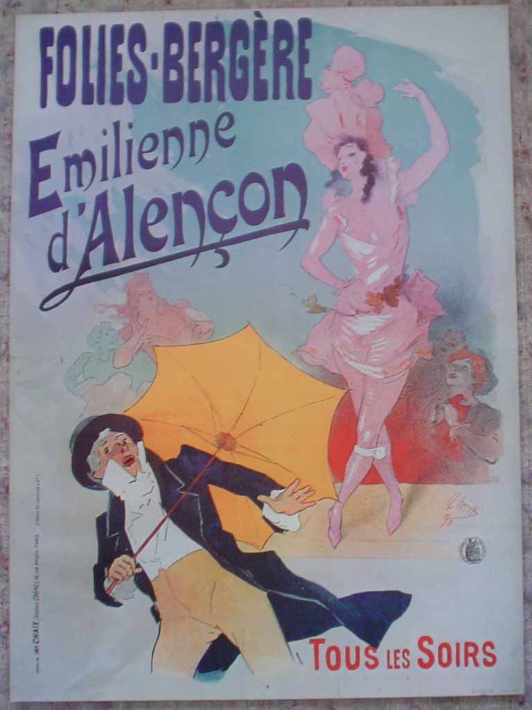 Folies-Bergere, Emilienne d'Alencon by Jules Cheret, turn-of-the-century French Advertising Poster shown with full margins - offset lithograph reproduction ©1976 poster art print