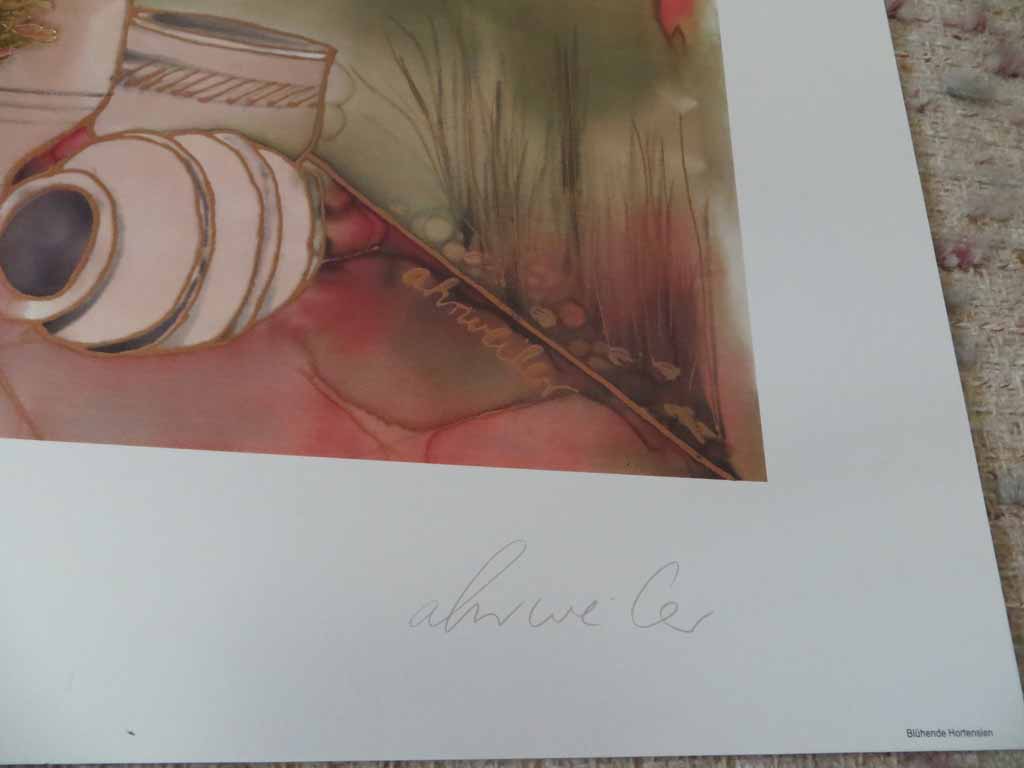 Bluehende Hortensien by Ahrweiler, signed by artist, published by Salz und Druck Contzen, detail to show artist signature - offset lithograph reproduction with metallic gold inserts vintage fine art print