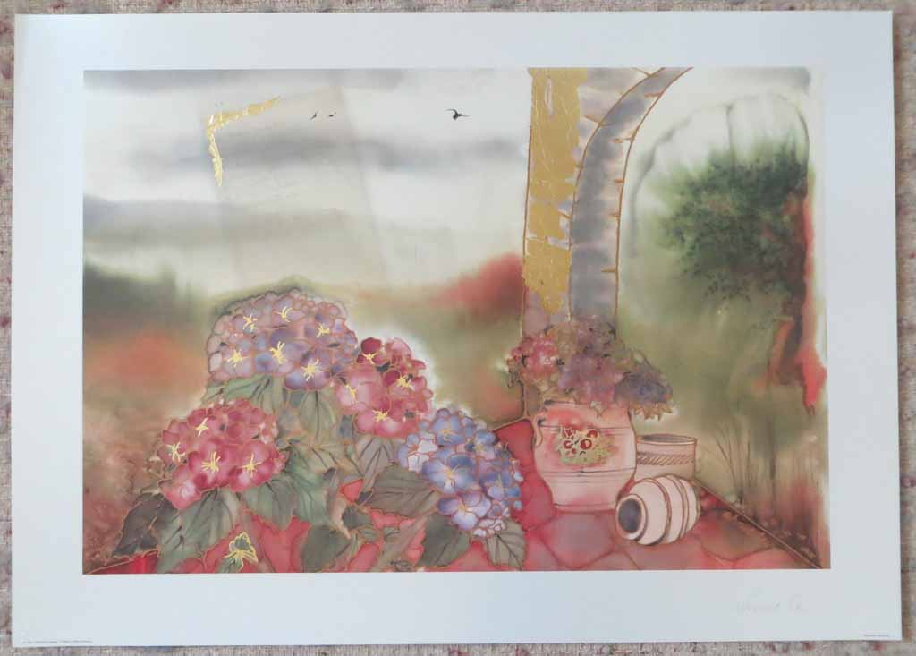 Bluehende Hortensien: Blooming Hydrangea by Ahrweiler, signed by artist, published by Salz und Druck Contzen, shown with full margins - offset lithograph reproduction with metallic gold inserts vintage fine art print