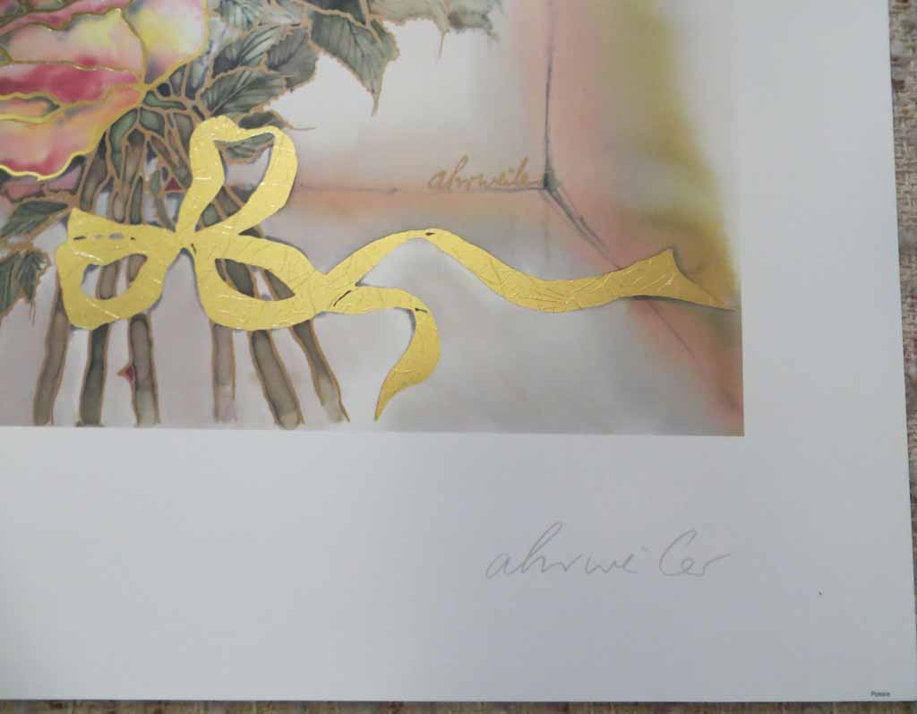 Poesie by Ahrweiler, signed by artist, published by Salz und Druck Contzen, detail to artist signature - offset lithograph reproduction with metallic gold foil inserts vintage fine art print