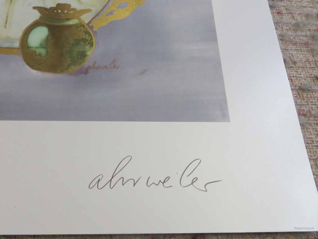 Rosenbouquet by Ahrweiler, signed by artist, published by Salz und Druck Contzen, detail to show signature - offset lithograph reproduction with metallic gold foil inserts vintage fine art print