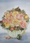 Rosenbouquet by Ahrweiler, signed by artist, published by Salz und Druck Contzen - offset lithograph reproduction with metallic gold foil inserts vintage fine art print