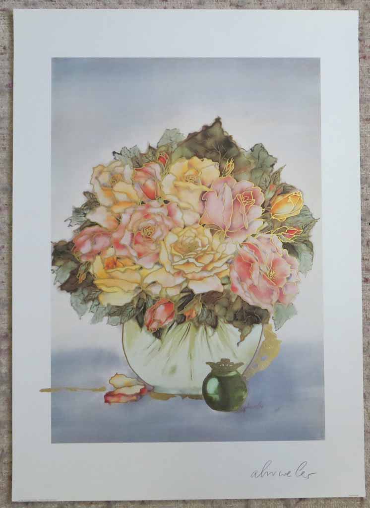 Rosenbouquet by Ahrweiler, signed by artist, published by Salz und Druck Contzen, shown with full margins - offset lithograph reproduction with metallic gold foil inserts vintage fine art print
