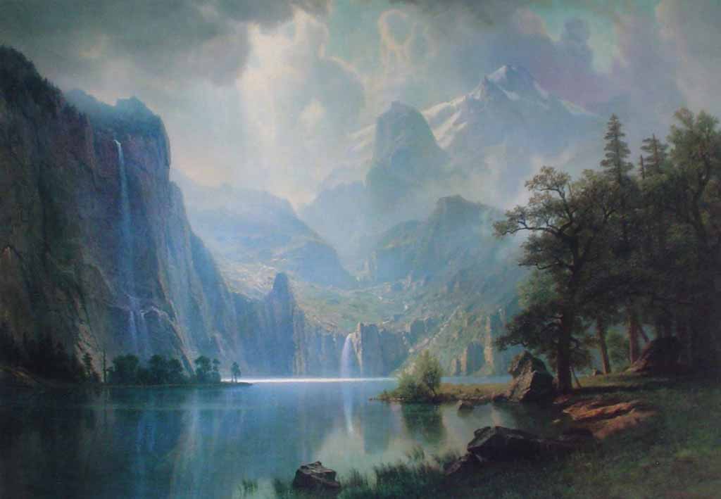 In The Mountains by Albert Bierstadt - offset lithograph reproduction vintage fine art print