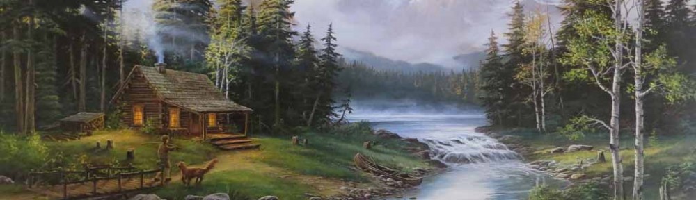 Mountain Lake Cabin Idyll (untitled) by Fred Buchwitz - offset lithograph reproduction vintage fine art print