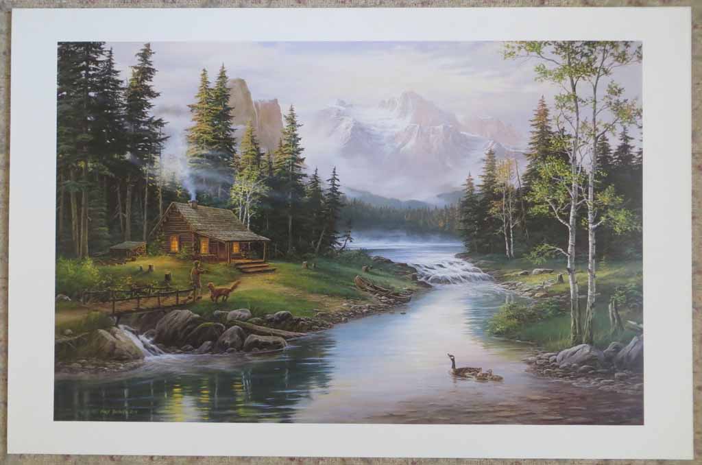 Mountain Lake Cabin Idyll (untitled) by Fred Buchwitz, shown with full margins - offset lithograph reproduction vintage fine art print