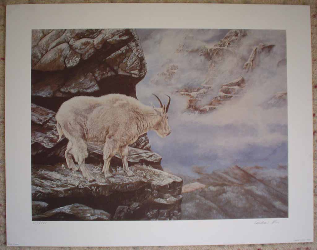 Mountain Goat, Precipice (untitled) by Andrew Kiss, shown with full margins - hand-numbered 277/670 and signed by the artist - offset lithograph limited edition vintage fine art print