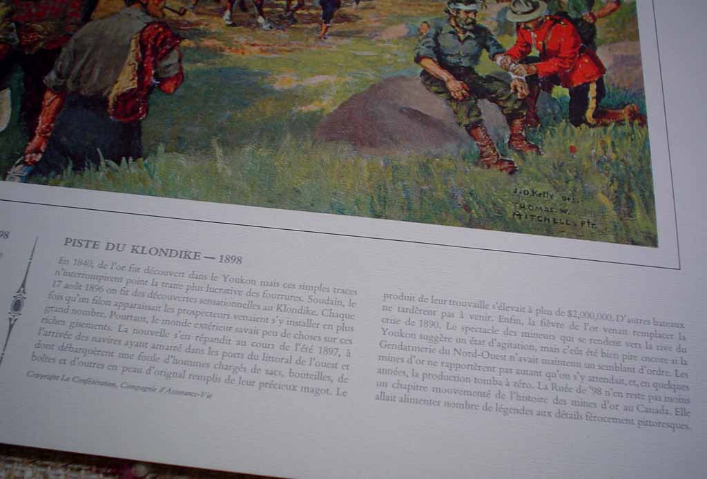 Klondike Trail Of '98 by John David Kelly & T.W. Mitchell, detail to show descriptive historical French text under image - offset lithograph reproduction vintage fine art print