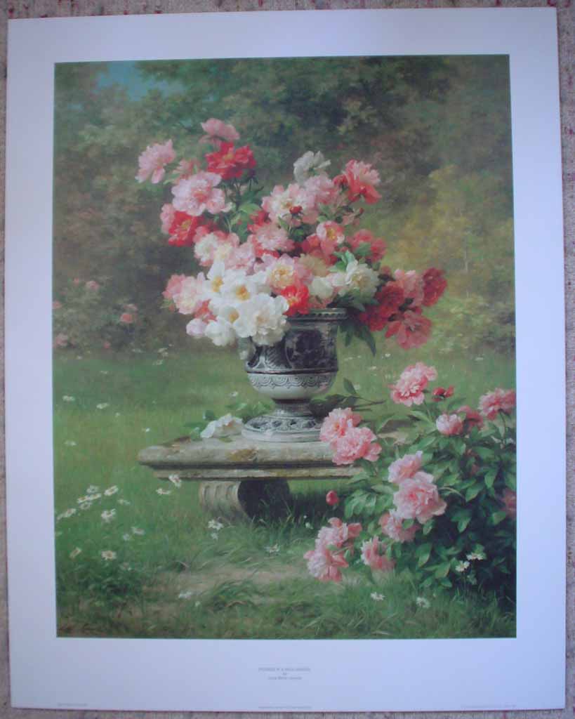 Peonies In A Wild Garden by Louis Marie Lemaire, shown with full margins - offset lithograph reproduction vintage fine art print